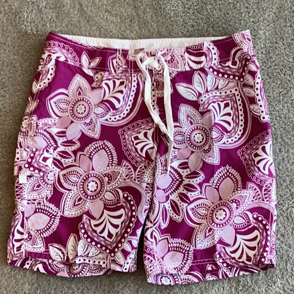 Kanu Surf Women's Athletic Shorts in Purple and White Pattern